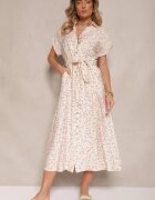 m&d fashion Rochie tip cămașă bej deschis din bumbac cu imprimeu floral cu cordon legat Amoisse