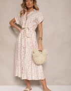 m&d fashion Rochie tip cămașă bej deschis din bumbac cu imprimeu floral cu cordon legat Amoisse