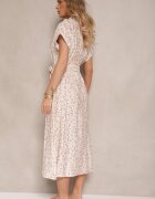 m&d fashion Rochie tip cămașă bej deschis din bumbac cu imprimeu floral cu cordon legat Amoisse