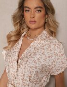 m&d fashion Rochie tip cămașă bej deschis din bumbac cu imprimeu floral cu cordon legat Amoisse
