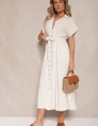m&d fashion Rochie tip cămașă Bej deschis Din bumbac cu o curea de legat și mâneci scurte Elannoria
