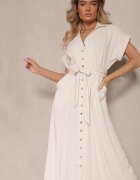 m&d fashion Rochie tip cămașă Bej deschis Din bumbac cu o curea de legat și mâneci scurte Elannoria