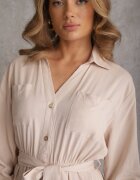 m&d fashion Rochie tip cămașă Bej deschis Utility din Bumbac cu Curea Legată în Talie Retona