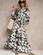 m&d fashion Rochie tip cămașă Neagră din Viscoză cu Flori cu croială evazată Ridavielle