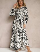 m&d fashion Rochie tip cămașă Neagră din Viscoză cu Flori cu croială evazată Ridavielle