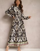 m&d fashion Rochie tip cutie Alb-Negru satinată cu curea în talie cu imprimeu ornamental Taros