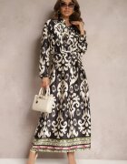 m&d fashion Rochie tip cutie Alb-Negru satinată cu curea în talie cu imprimeu ornamental Taros