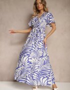 m&d fashion Rochie tip plic Albastră din viscoză Decorată cu imprimeu cu motiv vegetal Dinea