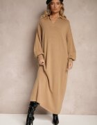 m&d fashion Rochie Tip pulover Bej închis cu viscoză cu croială tip cutie decorată cu guler Clarinnae