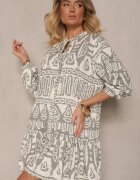 m&d fashion Rochie Verde Cloș din Viscoză cu Imprimeu Etnic cu Cordon cu Franjuri Ravpio