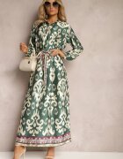 m&d fashion Rochie Verde Dreaptă Satinată cu curea în talie cu imprimeu ornamental Taros