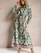 m&d fashion Rochie Verde Dreaptă Satinată cu curea în talie cu imprimeu ornamental Taros