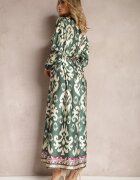 m&d fashion Rochie Verde Dreaptă Satinată cu curea în talie cu imprimeu ornamental Taros