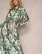 m&d fashion Rochie Verde Dreaptă Satinată cu curea în talie cu imprimeu ornamental Taros