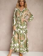 m&d fashion Rochie Verde Evazată cu Viscoză Decorată cu Imprimeu Floral Koriare