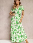 m&d fashion Rochie Verde Florală cu curea și elastic în talie din Viscoză Agletina