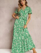 m&d fashion Rochie Verde Lungă cu imprimeu floral cu elastic în talie din viscoză Lydiza