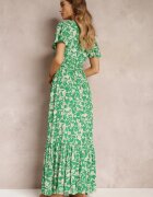 m&d fashion Rochie Verde Lungă cu imprimeu floral cu elastic în talie din viscoză Lydiza