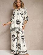 m&d fashion Set Alb din Viscoză Cămașă și Pantaloni Decorat cu Imprimeu Etnic Mepina