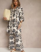 m&d fashion Set Albastru din Viscoză cu Pantaloni cu croială largă și Cămașă lungă Rinviela