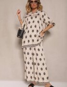 m&d fashion Set Bej deschis din viscoză oversize cămașă și pantaloni decorați cu imprimeu etnic Janea