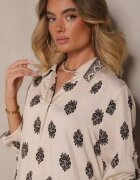 m&d fashion Set Bej deschis din viscoză oversize cămașă și pantaloni decorați cu imprimeu etnic Janea