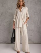 m&d fashion Set Bej deschis din Viscoză și In cu Dungi Delicate Cămașă și Pantaloni Wide Leg Cliffesa