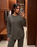 m&d fashion Set tricot cu vâscoză longsleeve și pantaloni largi Mirette Bej Bej Verde închis