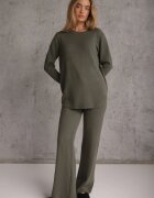 m&d fashion Set tricot cu vâscoză longsleeve și pantaloni largi Mirette Bej Bej Verde închis