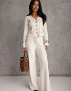 m&d fashion Set tricotat cu vâscoză în dungi largi elegant: cardigan și pantaloni Belceta Bej