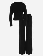 m&d fashion Set tricotat cu vâscoză în dungi largi elegant: cardigan și pantaloni Belceta Negru