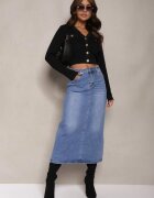 m.sara Fustă Albastră High Waist Creion cu Accente Deschise pe Material Denim Carolea