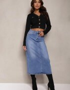 m.sara Fustă Albastră High Waist Creion cu Accente Deschise pe Material Denim Carolea