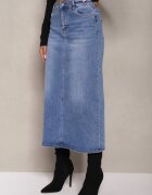 m.sara Fustă Albastră High Waist Creion cu Accente Deschise pe Material Denim Carolea