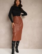 m.sara Fustă Maro deschisă din piele ecologică High Waist cu șliț și capse în față Asttia