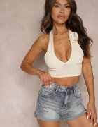 m.sara Pantaloni scurți Albastru deschis Din denim Talie înaltă Din bumbac Cu rupturi Zastorea