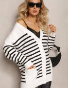 m&v Cardigan Alb cu dungi cu o croială alungită cu decolteu în V închis cu nasturi Ravime