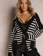 m&v Cardigan Negru cu dungi cu croială lungă cu decolteu în V cu nasturi Ravime
