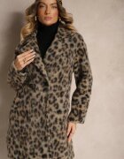 Made in Italy Palton Bej Cu Imprimeu De Leopard Cu Două Rânduri De Nasturi Cu Buzunare Inserate Niarelith