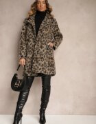 Made in Italy Palton Bej Cu Imprimeu De Leopard Cu Două Rânduri De Nasturi Cu Buzunare Inserate Niarelith