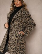 Made in Italy Palton Bej Cu Imprimeu De Leopard Cu Două Rânduri De Nasturi Cu Buzunare Inserate Niarelith