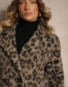 Made in Italy Palton Bej Cu Imprimeu De Leopard Cu Două Rânduri De Nasturi Cu Buzunare Inserate Niarelith