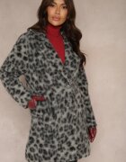 Made in Italy Palton Gri cu imprimeu leopard la două rânduri de nasturi cu buzunare laterale Niarelith