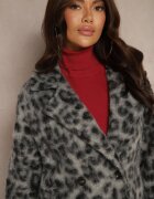 Made in Italy Palton Gri cu imprimeu leopard la două rânduri de nasturi cu buzunare laterale Niarelith
