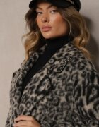 Made in Italy Palton Gri cu imprimeu leopard la două rânduri de nasturi Pesaltia