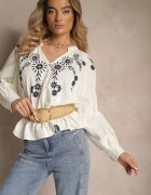 maja studio Bluză Bej și Bleumarin din Viscoză Decorată cu Broderie Felsekia
