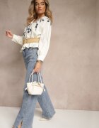 maja studio Bluză Bej și Bleumarin din Viscoză Decorată cu Broderie Felsekia