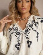 maja studio Bluză Bej și Bleumarin din Viscoză Decorată cu Broderie Felsekia