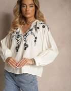 maja studio Bluză Bej și Bleumarin din Viscoză Decorată cu Broderie Felsekia