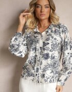 maja studio Cămașă Alb-Bleumarin din Viscoză cu Imprimeu Floral și Mâneci Bufante Hanistrae